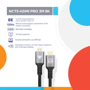 NCTS HDMI PRO 3M Ultra High-Speed HDMI 2.1 Cable – 8K UHD, 4K@120Hz, 48Gbps Bandwidth, 3D Support, 3 Meters – Premium Video & Audio Transmission Cable