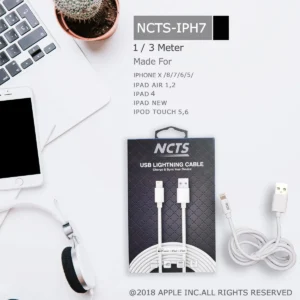 NCTS USB to Lightning Cable (Made for iPhone) – 3m: Extended Length for Convenience, Fast Charging, Data Transfer, Durable and Tangle-Free, Certified for Apple Devices.
