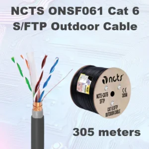 NCTS ONSF061 Cat 6 S/FTP Outdoor Cable, 4P 23AWG 0.58mm CCA, 250MHz, UV Resistant LDPE Jacket, Foil And Braided Shielding, CMR Rated, 305m Wooden Reel Black