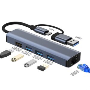 5-in-2 Adapter Converter USB 3.0/USB C HUB to ( RJ45 Gigabit Ethernet 3x USB 3.0 1, Type C ) , USB Docking Station Compact Multiport , BYL-2208TU