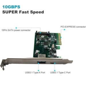 PCI-E to USB3.1 (Type A + Type C) PCI Express Expansion Card USB3.1 Hub Controller Adapter Superspeed 10Gbps Internal 15Pin Power Connector with Asmedia Chipset ASM1142 | SPB302