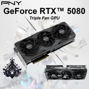 PNY GeForce RTX 5080 16GB Triple Fan GPU – 10,752 CUDA Cores, 2295 MHz Base / 2617 MHz Boost, 30 Gbps GDDR7, PCIe 5.0, 256-bit, 960 GB/s, DLSS 4, Blackwell Architecture