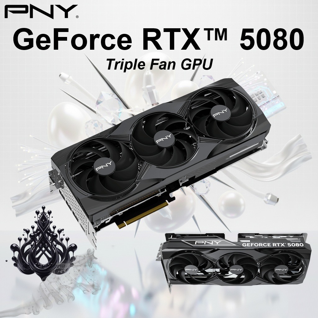 PNY GeForce RTX 5080 16GB Triple Fan GPU – 10,752 CUDA Cores, 2295 MHz Base / 2617 MHz Boost, 30 Gbps GDDR7, PCIe 5.0, 256-bit, 960 GB/s, DLSS 4, Blackwell Architecture