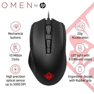 HP Omen 400 Wired USB Gaming Mouse, Optimized Mechanical Switches, Quick Adjust 1600-5000 DPI Optical Sensor, Sniper Mode 400 DPI, RGB LED, Customizable Buttons – [RePacked] 