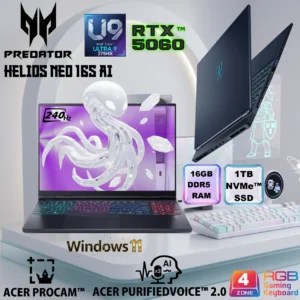 PREDATOR HELIOS NEO 16S AI Intel® Core Ultra 9 Processor 275HX | 16GB DDR5 ; 1TB NVMe SSD | 16 inch HDR500, 100% DCI-P3 OLED 240Hz Display | RTX 5060 (8GB) |  4-ZONE RGB Backlit Keyboard | Windows 11 | Obsidian Black  PHN16S-71-91AW