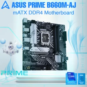 ASUS Prime B660M-AJ D4 Micro-ATX Motherboard Intel LGA1700 ;4 x DIMM, Max. 128GB, DDR4 5333(OC) ; Dual M.2 PCIe 4.0 ; 1Gb LAN ; USB 3.2 Gen2 ; Aura Sync RGB ; OptiMem II ; Fan Xpert 2+ ; ProCool Power ;  for 12th / 13th / 14th Gen Core™