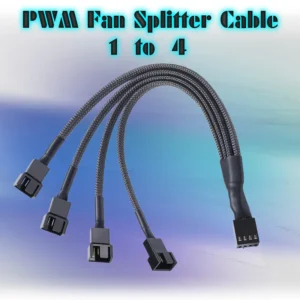 PWM Fan Splitter Cable 1-To-4 Black Mesh Sleeved – 4-Pin Female To 4x 4-Pin Male Connectors – 10 Inch Extension – Supports RPM Signal On One Fan – Compatible With 3-Pin & 4-Pin Fans
