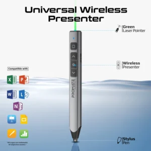 Universal Intuitive 2.4GHz Wireless Green Laser Presenter with Stylus Pen , Dual Stylus For Capacitive & Infrared Screens, USB-A Dongle, 220mAh Battery, Mac/Windows Compatible | ProPointer-S 