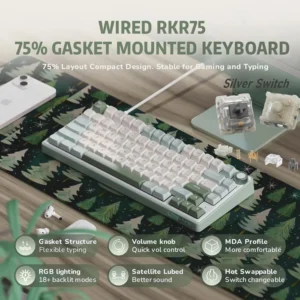 RK ROYAL KLUDGE R75 QMK/VIA Mechanical Keyboard Wired with Volumn Knob 75% TKL Custom Gaming Keyboard Gasket Mount RGB Backlit with Software MDA Profile Hot Swappable Brown Switch Pro PBT Keycaps | SKY CYAN 