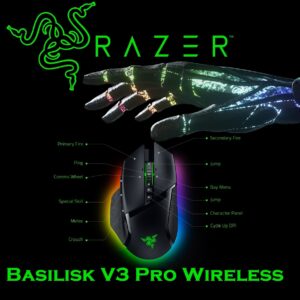 Razer Basilisk V3 Pro Wireless Gaming Mouse : HyperScroll Tilt Wheel – 30K DPI Optical Sensor – Gen-3 Optical Switches – 13-Zone Chroma RGB – 13 Programmable Controls – 3 Connection Modes | Black RZ01-04620100-0000