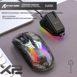 ATTACK SHARK X2 Pro RGB Gaming Mouse – Semi-Transparent Shell, Magnetic Charging Dock, 3 Modes (2.4GHz/Bluetooth/Wired), 5 DPI Levels, Silent Click, Black