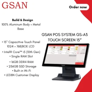 GSAN GS-A3 POS System – 15″ Touchscreen, Intel i5 10th Gen, 16GB DDR4, 256GB SSD, LED8N Customer Display, Built-in Wi-Fi, Aluminum Black Design