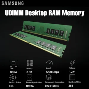 Samsung DDR4 8GB 3200MHz Desktop RAM One Single Module CL22 PC4-25600 , 1.2V , Unbuffered DIMM , 288-Pin UDIMM, 1Rx16 | M378A1G44AB0-CWE USED 