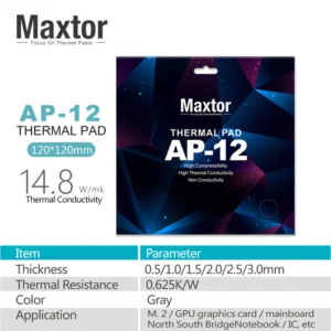 Maxtor AP-12 Thermal Pad 3mm 120x120mm – 14.8 W/m-K Heat Conductivity, Non-Conductive Silicone, High Temp Resistance for GPUs, VRMs, M.2 SSDs & Chipsets