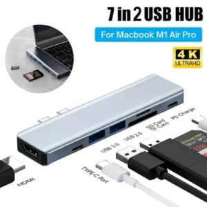 CONVERTER 7 IN 2 DUAL TYPE-C TO PD ; USB3.0 ; USB2.0 ; HDMI ; USB-C ; SD ; TF ; PD Hub Adapter / Dual Type C Aluminum USB Hub For Macbook