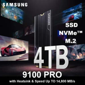 Samsung 9100 PRO With Heatsink 4TB NVMe M.2 PCIe 5.0 SSD – Up To 14,800MB/s, 2,200K IOPS, 49% Power Efficiency Boost, AES 256-Bit Encryption, PS5 & PC Compatible