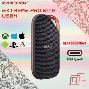 SanDisk Extreme PRO USB4 2TB Portable SSD With Up To 3800MB/s Read, 3700MB/s Write, Rugged IP65 Build, USB-C Cable, USB 3.2 & Thunderbolt 4 Compatible , Compatible with Windows® – macOS – Xbox Series X|S – PS5