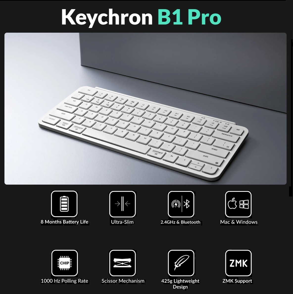 Keychron B1 Pro Lightweight Ultra-portable Compact 75% Keyboard with 2.4 GHz / BT / Type-C Wired Connectivity ; Extended Battery Life ; 12 Multimedia Keys & Quick Emoji Access ; Concave Ergonomic Keys ; Supports macOS / Windows / Linux | IVORY WHITE B1P-K8