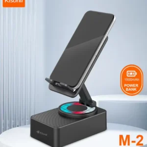 KISONLI M2 3-in-1 Wireless Bluetooth Speaker with 2000mAh Power Bank & 360° Phone Holder – Portable, 3W Audio, USB Charging, ABS Body, Black