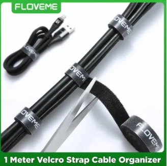 Floveme 1M Velcro Cable Organizer Strap – Black | Reusable Cable Management for Desktop, PC, Charging, Mouse, Keyboard, and Earphones