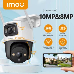 IMOU Dual Lens Cruiser Dual 2 10MP Outdoor Smart Security Camera, Dual Lenses, 10MP Resolution, Night Vision, Smart Motion Detection, Two-Way Audio, Weatherproof Design.
