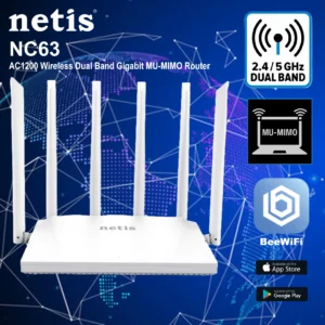 Netis AC1200 Wireless Dual Band Gigabit MU-MIMO Router NC63 : 4 in 1 Access Point – Range Extender – WISP – Router ; 867Mbps 5GHz + 300Mbps 2.4GHz, Full Gigabit Ports, MU-MIMO, Beamforming, Easy Mesh Networking