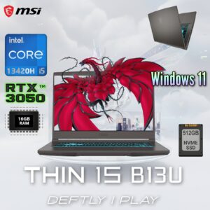 MSI Thin 15 B13UC Intel® Core i5-13420H | 16GB DDR4 RAM ; 512GB NVMe SSD | RTX 3050 4GB | 15.6″ FHD IPS 144Hz Display | Windows 11  | Blue Backlit Keyboard with Anti-Ghost key | Cosmos Gray