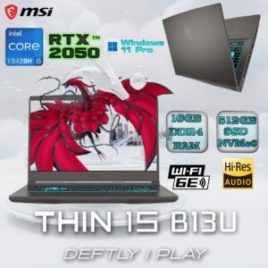 MSI Thin 15 B13UCX  Intel® Core i5-13420H | 16GB DDR4 RAM ; 512GB NVMe SSD | RTX 2050 4GB | 15.6″ FHD IPS 144Hz Display | Windows 11 Pro   | Blue Backlit Keyboard with Anti-Ghost key | Cosmos Gray