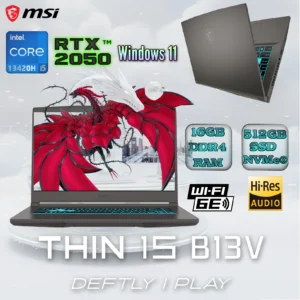 MSI Thin 15 B13UCX  Intel® Core i5-13420H | 16GB DDR4 RAM ; 512GB NVMe SSD | RTX 2050 4GB | 15.6″ FHD IPS 144Hz Display | Windows 11  | Blue Backlit Keyboard with Anti-Ghost key | Cosmos Gray