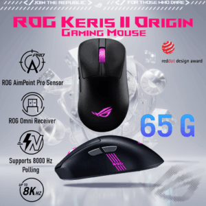 ASUS ROG Keris II Origin Wireless Gaming Mouse – Right-Handed Ergonomic, 65g, Tri-Mode Connectivity, 42K DPI, up to 127Hr Battery, ROG AimPoint Pro Sensor RGB 3-Zone Lighting 8000Hz Polling Rate Paracord PTFE Feet, Web-Based Configuration, PC/Mac Support | BLACK ~ 90MP04A0-BMAA00