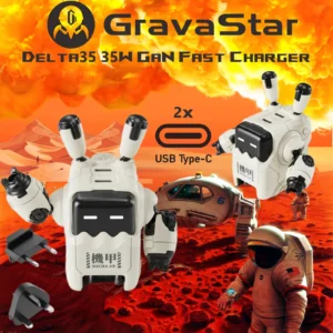 GravaStar Delta35 GaN 35W Dual USB-C Fast Charger | Mecha Robot Design, Foldable Plug, Smart Protection, LED Status, Universal Compatibility, Travel-Friendly | WHITE