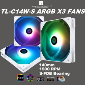 Thermalright TL-C14W-S X3 , 140mm PWM ARGB Fans, Triple Pack, Customizable Lighting, Static Pressure Addressable RGB, Motherboard SYNC with 5V-3PIN, up to 1500 RPM , 74.3 CFM (MAX) | WHITE