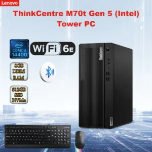 LENOVO ThinkCentre M70t Gen 5 Desktop Intel® Core i5-14400 | 8GB DDR5 RAM ; 512 SSD NVMe® | Intel® UHD Graphics 770 | DOS | Wi-Fi® 6E + BT5.3 + Ethernet | Wired Mouse & Keyboard Included | BLACK | 1 YEAR WARRANTY