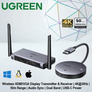 UGREEN 90909A Wireless HDMI/VGA Display Transmitter & Receiver Kit , 4K@30Hz , 50m Range , Audio Sync , Dual Band 2.4G/5G , USB-C Power , for Streaming up Video and Audio to Monitor from Laptop/PC/TV Box