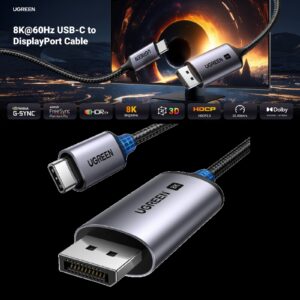 UGREEN USB C to DisplayPort 1.4 Cable 8K@60Hz 4K@240Hz Thunderbolt 4/3 to DisplayPort Cord USB C to DP 1.4 32.4Gbps Braided Compatible iPhone 15, MacBook Pro/Air, iPad, Mac Mini, Galaxy, XPS 17 | 1 meter 