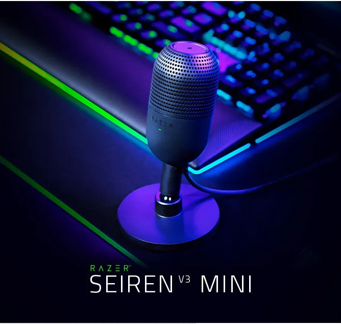 Razer Seiren V3 Mini USB Microphone: Condenser Mic – Supercardioid Pickup Pattern – Tap-to-Mute Sensor with LED Indicator – Shock Absorber – Ultra Compact – PC, Discord, OBS Studio, XSplit – Black