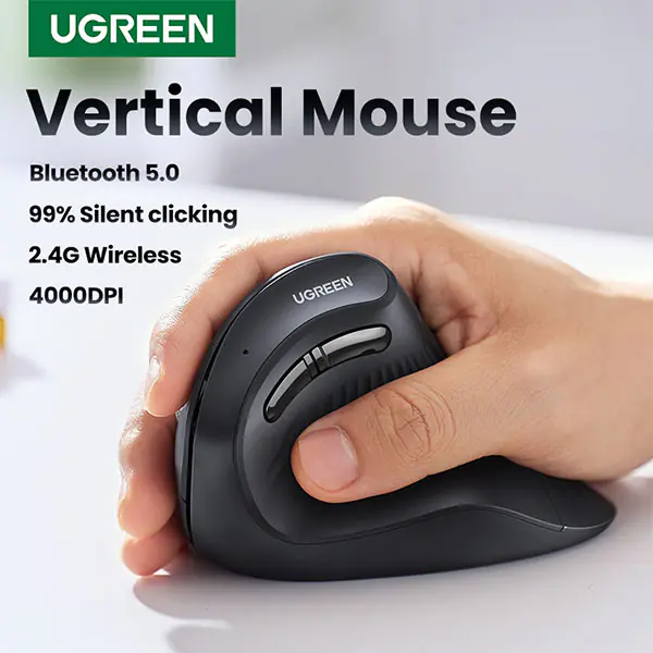 UGREEN MU008 Vertical Mouse – Wireless Ergonomic 57° Design, Bluetooth + 2.4G, 4000DPI, 5 Buttons, Noise-Reducing – For PC, Laptop & Tablet – Black