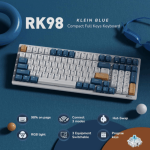 Royal Kludge RK98 | RGB Tri-Mode Mechanical Keyboard | 100 Keys | Hot-Swappable | Wired, Bluetooth & 2.4GHz Wireless | 3750mAh Battery | Klein Blue – Blue Switch