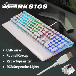 Royal Kludge 108-Key RGB Mechanical Keyboard | Wired | Steampunk Retro Typewriter Style | Detachable Wrist Rest | Anti-Ghosting | Metal Panel | PC/Mac/Linux | Brown Switch
