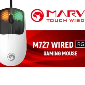 Marvo M727 White Wired Gaming Mouse, 12,400 DPI Optical Sensor, 6 Programmable Buttons, 1000Hz Polling Rate, 16.8M ARGB Lighting, Ambidextrous Ergonomic Design