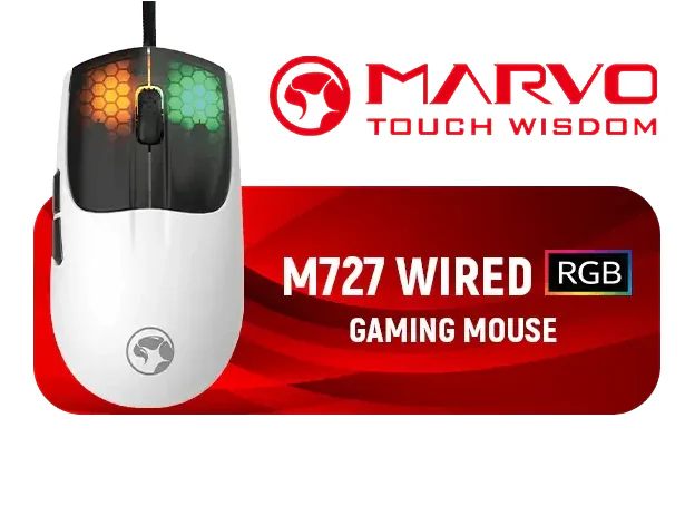 Marvo M727 White Wired Gaming Mouse, 12,400 DPI Optical Sensor, 6 Programmable Buttons, 1000Hz Polling Rate, 16.8M ARGB Lighting, Ambidextrous Ergonomic Design
