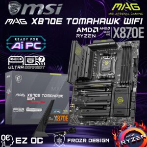 MSI MAG X870E TOMAHAWK WIFI AMD AM5 ATX Motherboard ; Dual Channel DDR5 8400+ MT/s (OC) ; PCIe 5.0 slot, Lightning Gen 5 x4 M.2 ; Audio Boost 5 ; Frozr Guard Heatsink ; Supports AMD Ryzen™ 9000 / 8000 / 7000 Series (911-7E59-006)