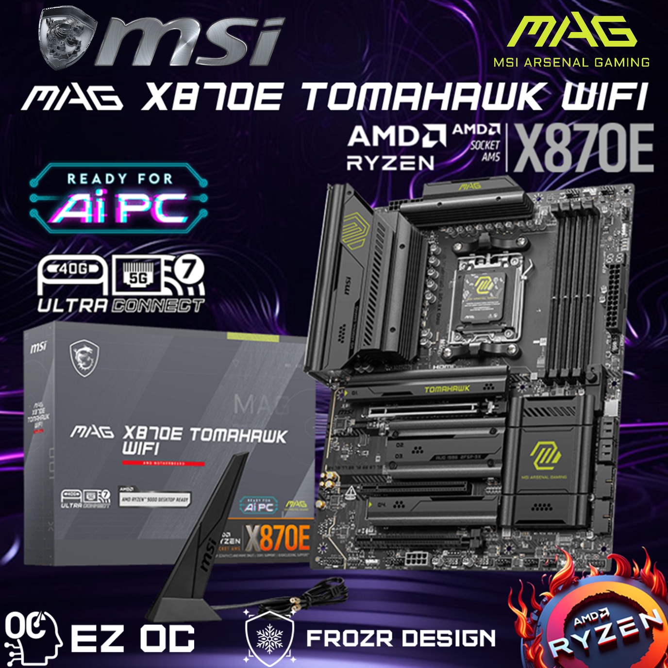 MSI MAG X870E TOMAHAWK WIFI AMD AM5 ATX Motherboard ; Dual Channel DDR5 8400+ MT/s (OC) ; PCIe 5.0 slot, Lightning Gen 5 x4 M.2 ; Audio Boost 5 ; Frozr Guard Heatsink ; Supports AMD Ryzen™ 9000 / 8000 / 7000 Series (911-7E59-006)
