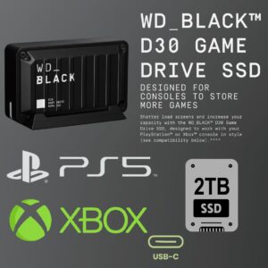 Western Digital WD_BLACK  2TB D30 Game SSD – Portable External Solid State Drive , USB 3.2 Gen 2 (Type-C) , Compatible with Playstation, Xbox, & PC, Up to 900MB/s – WDBATL0020BBK-WESN