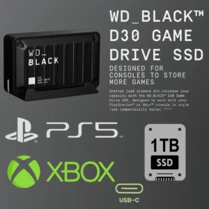 WD_BLACK  1TB D30 Game SSD – Portable External Solid State Drive , USB 3.2 Gen 2 (Type-C) , Compatible with Playstation, Xbox, & PC, Up to 900MB/s – WDBATL0010BBK-WESN