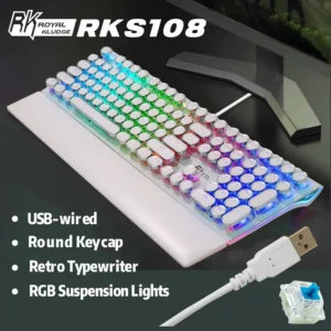 Royal Kludge 108-Key RGB Mechanical Keyboard | Wired | Steampunk Retro Typewriter Style | Detachable Wrist Rest | Anti-Ghosting | Metal Panel | PC/Mac/Linux | Blue Switch