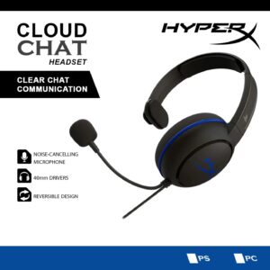 HyperX Cloud Chat Headset – 40mm Drivers, Noise-Cancelling Mic, Reversible Design, In-Line Controls, Lightweight 123g Build, Official PS4/PS5 Licensed Gaming Chat Headset