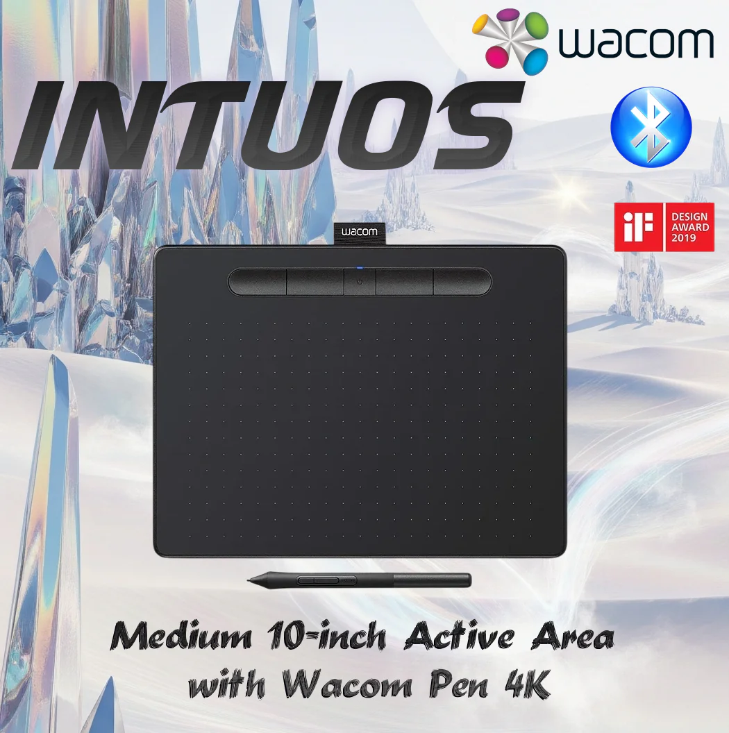 Wacom Intuos Wireless Medium Bluetooth Pen Tablet With 4K Pressure-Sensitive Battery-Free Pen, 4 ExpressKeys, 10-Inch Active Area, Wireless USB, Bonus Creative Software | Black CTL6100WLK