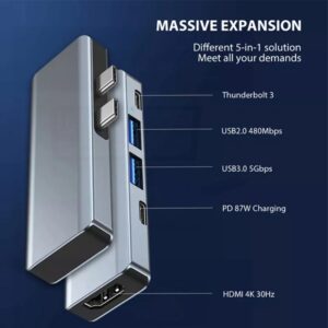 5 in 1 USB Hub DUAL TYPE-C TO ( Type C + USB HUB to HDMI/HDTV + PD + USB C + 2 USB 3.0/3.1 ) USB 3.1 Adapter 4K-HDMI 87W PD Charge For MacBook , Chromebook …