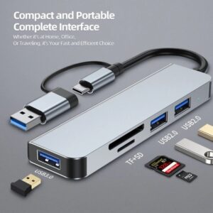 5-Port Docking Station USB C Splitter Hub/Adapter : 1xUSB 3.0 Port, 2xUSB 2.0 Port, 1xMicro SD card reader, 1xTF card reader